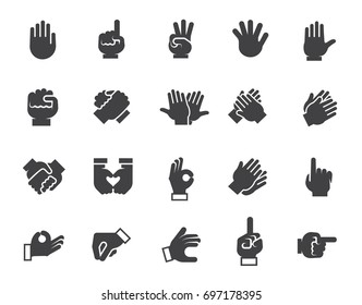 Black flat icons of human gesticulating hand. Set of 20 different graphic signs for site interfaces, mobile appls, games and other projects. Vector web image or button isolated on white background