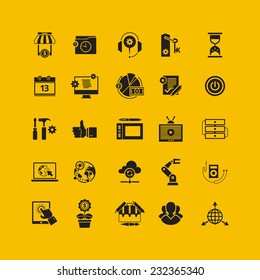 Black flat icons set. Business object, office tools. Marketing, social, creative stuff.
