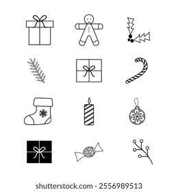 Black flat icons set on a white background with gifts and holiday cheer. Merry Christmas, Happy New Year vector illustration EPS10