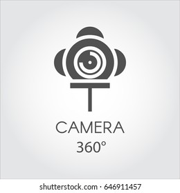 Black flat line icon of camera 360 degree. Concept of virtual panorama view. Label drawn in flat design on a gray background. Vector illustration. Logo for your design needs