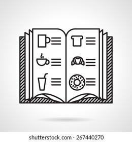 Black flat line icon for opened menu with beverages and bakery for cafe or restaurant for mobile app or website on white background.
