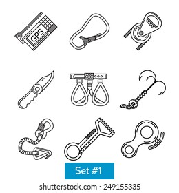 Black flat line icons vector collection of accessories for mountaineering or rock climbing and alpinism on white background.