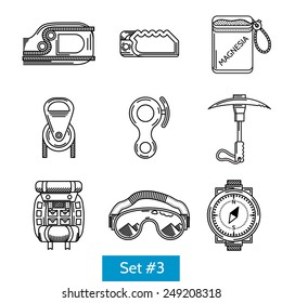 Black flat line icons vector collection of equipment for rock climbing and alpinism on white background.