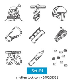 Black flat line icons vector collection of items for rock climbing and alpinism on white background.