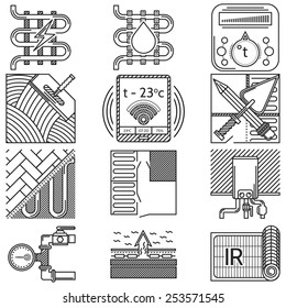 Black flat line icons vector collection of elements and symbols for heated floor service or business on white background.