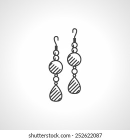 Black flat line vector icon for earrings pair with beads and drop-shape stone on white background.