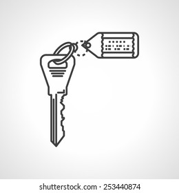 Black flat line vector icon for key with keychain or tag on white background background.