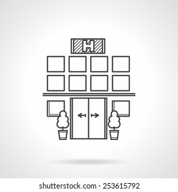Black Flat Line Vector Icon For Hospital Exterior Entrance On White Background.