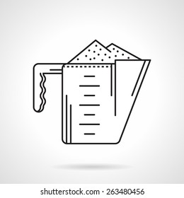 Black flat line vector icon for measure cup with protein supplements powder for athletes on white background.