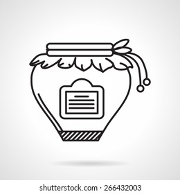 Black flat line vector icon for jar of jam with label and paper lid on white background.