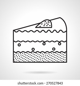 Black flat line vector icon for triangular piece of cake with strawberry on top on white background.