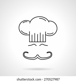 Black flat line vector icon for smiling chef in toque and with moustache on white background.