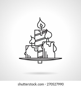 Black flat line vector icon for set of three burning candles for some event or romantic meeting on white background.