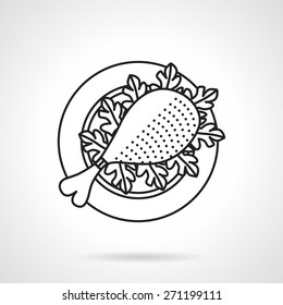 Black flat line vector icon for roasted chicken leg on plate with lettuce on white background.
