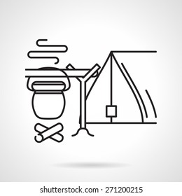 Black flat line vector icon for campsite with tent and campfire with hanging bowler on white background.