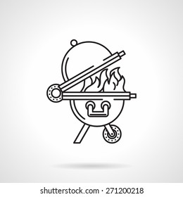 Black flat line vector icon for round barbecue with flame a side view on white background.