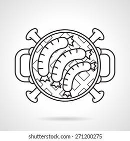 Black flat line vector icon for cooking sausages on barbecue grill a top view on white background.
