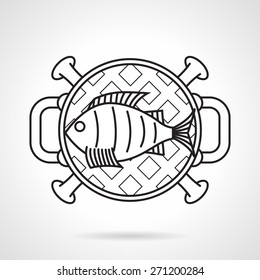 Black flat line vector icon for fish on barbecue grill a top view on white background.