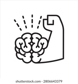 Black flat line vector icon with a picture of willpower as brain and muscle hand on white background.