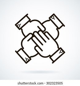 Black flat line vector icon business peoples hands on top of each other on white background.