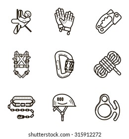 Black flat line vector icon set with a picture of Equipment for industrial mountaineering on white background.