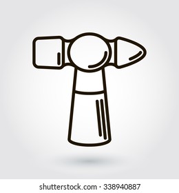 Black flat line vector icon with a picture of a symbol construction tool hammer on white background.