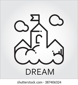 Black flat line vector icon with a picture of dream as cloud-castle on white background.