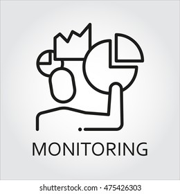 Black flat line vector icon with a picture of monitoring as men and chart, diagram on white background.