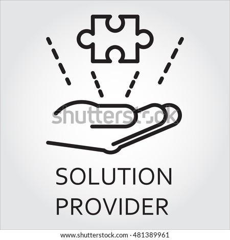 Black flat line vector icon with a picture of solution provider as hand giving puzzle on white background.