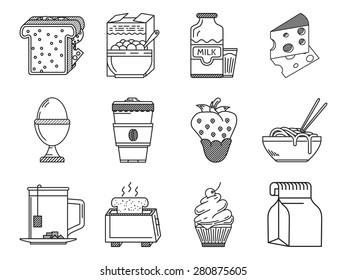 Black flat line vector icons collection of elements for healthy nutrition on white background.