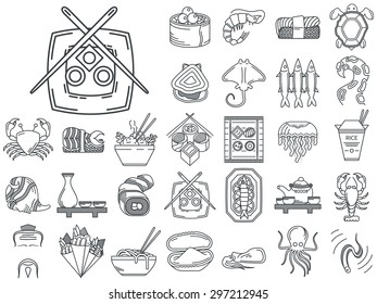 Black flat line vector icons set of Japanese seafood and traditional serving for restaurant menu on white background.