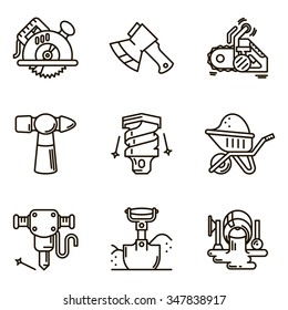 Black flat line vector set icon with a picture of a symbol construction equipment build tool on white background.