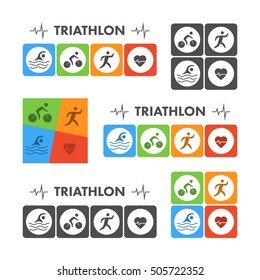 Black flat logo triathlon. Vector figures triathletes on a white background. Swimming, cycling and running symbol.