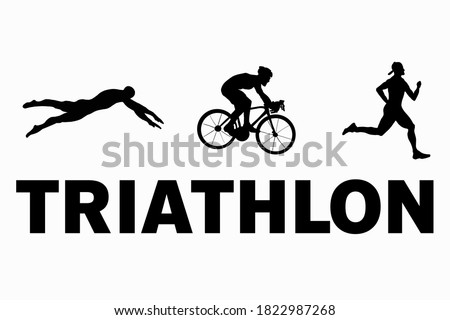 Black flat logo triathlon. Vector figures triathletes on a white background. Swimming, cycling and running symbol.