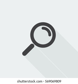 Black flat Magnifying Glass icon with long shadow on white background