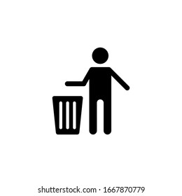 Black flat man silhouette throwing trash into trash bin icon. Throwing trash vector icon on white background. Flat vector throwing trash icon symbol sign from modern behavior collection for. EPS10