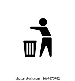 Black flat man silhouette throwing trash into trash bin icon. Throwing trash vector icon on white background. Flat vector throwing trash icon symbol sign from modern behavior collection for. EPS10