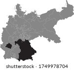 Black Flat Map of Bavaria (year 1871) within German Empire inside Gray Map of European Continent