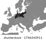 Black Flat Map of Kingdom of Prussia (year 1870) inside Gray Map of European Continent