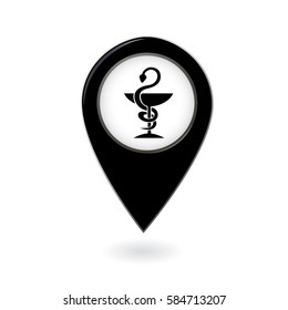 Black flat map pointer. Pharmacy pin.