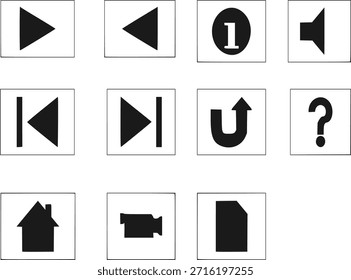 Vector de conjunto de iconos de interfaz de usuario y reproductor multimedia plano negro