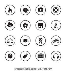 black flat miscellaneous icon set with circle frame for web design, user interface (UI), infographic and mobile application (apps)