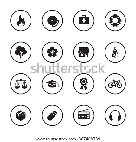black flat miscellaneous icon set with circle frame for web design, user interface (UI), infographic and mobile application (apps)