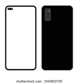 Black flat modern smartphone, front and back view on isolated background, vector illustration. Mock up, design template