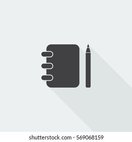 Black flat Note Book icon with long shadow on white background