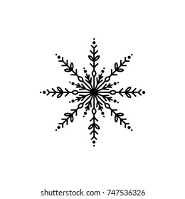 black flat outline snowflake icon isolated on white. New Year pictogram. Vector illustration. Christmas clip art. Web button. Christmas label. winter sign. back and white