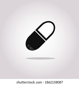 Black flat Pill icon with long shadow on white background