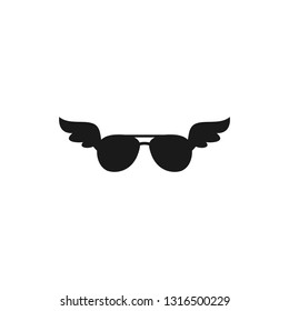 Black flat pilot sun glasses with wings icon. Isolated on white. Travel, adventure, inspiration eyeglasses. Vector illustration. Simple pictogram. Black and white