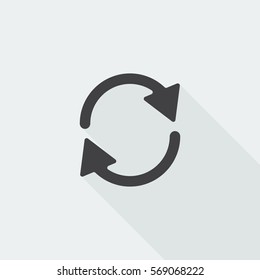 Black flat Refresh icon with long shadow on white background
