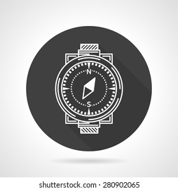Black flat round vector icon with white line wristband compass on gray background.